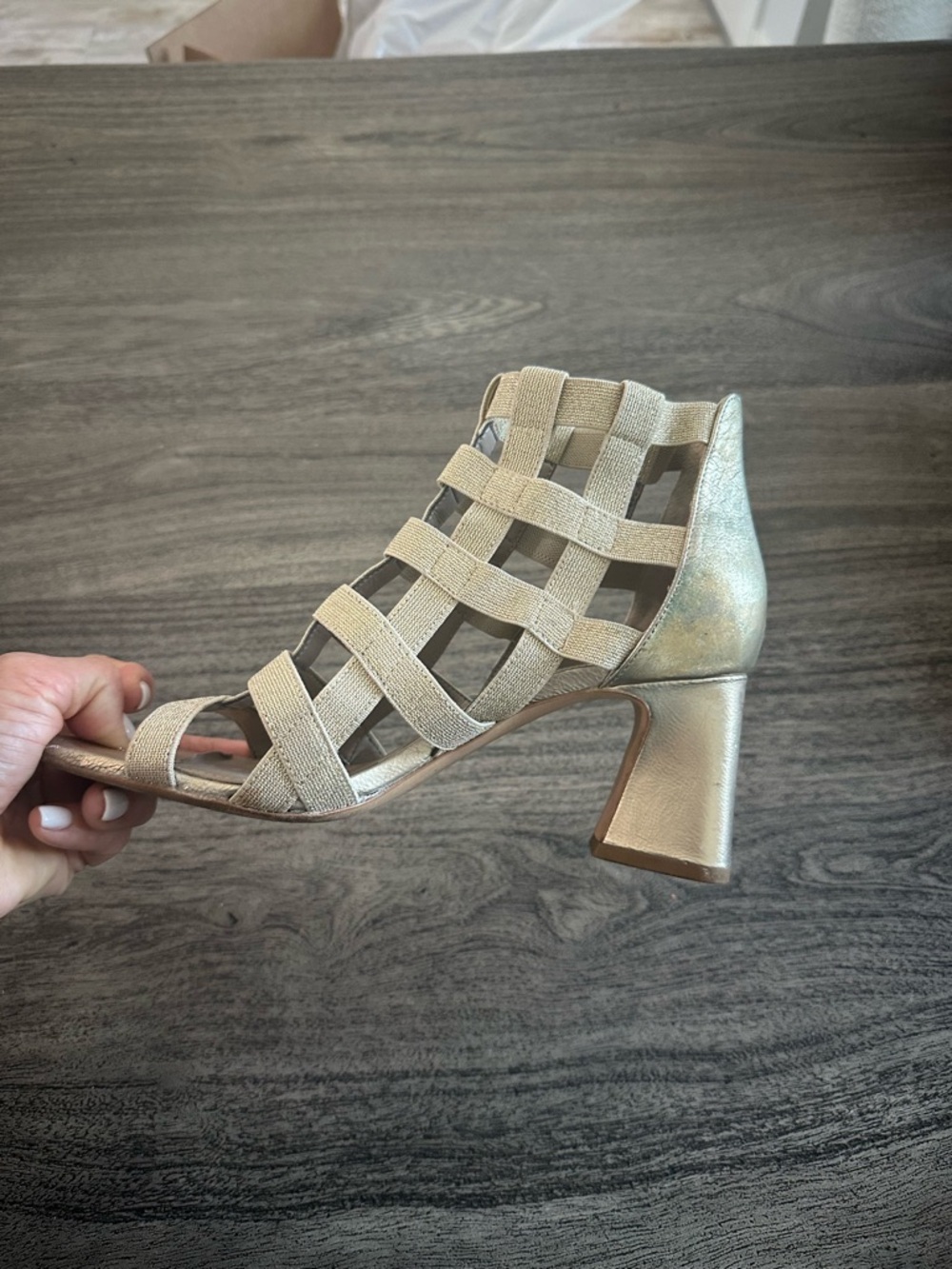 Donald J. Pliner Metallic Taupe Woven Cage Block Heel Sandals - Picture 5 of 9